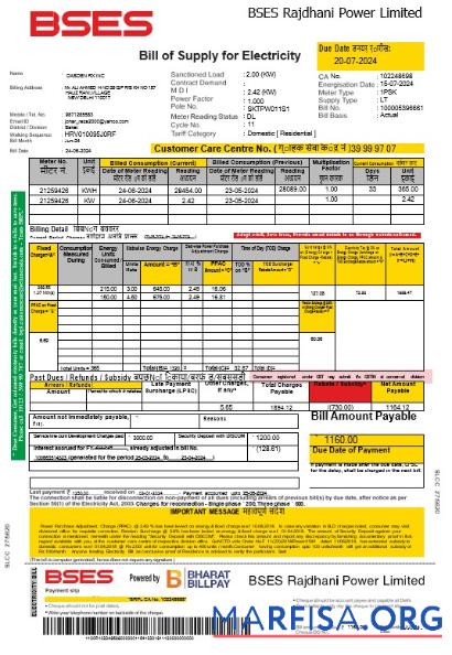 Realistic India Bses electricity business utility bill Word and PDF template trang